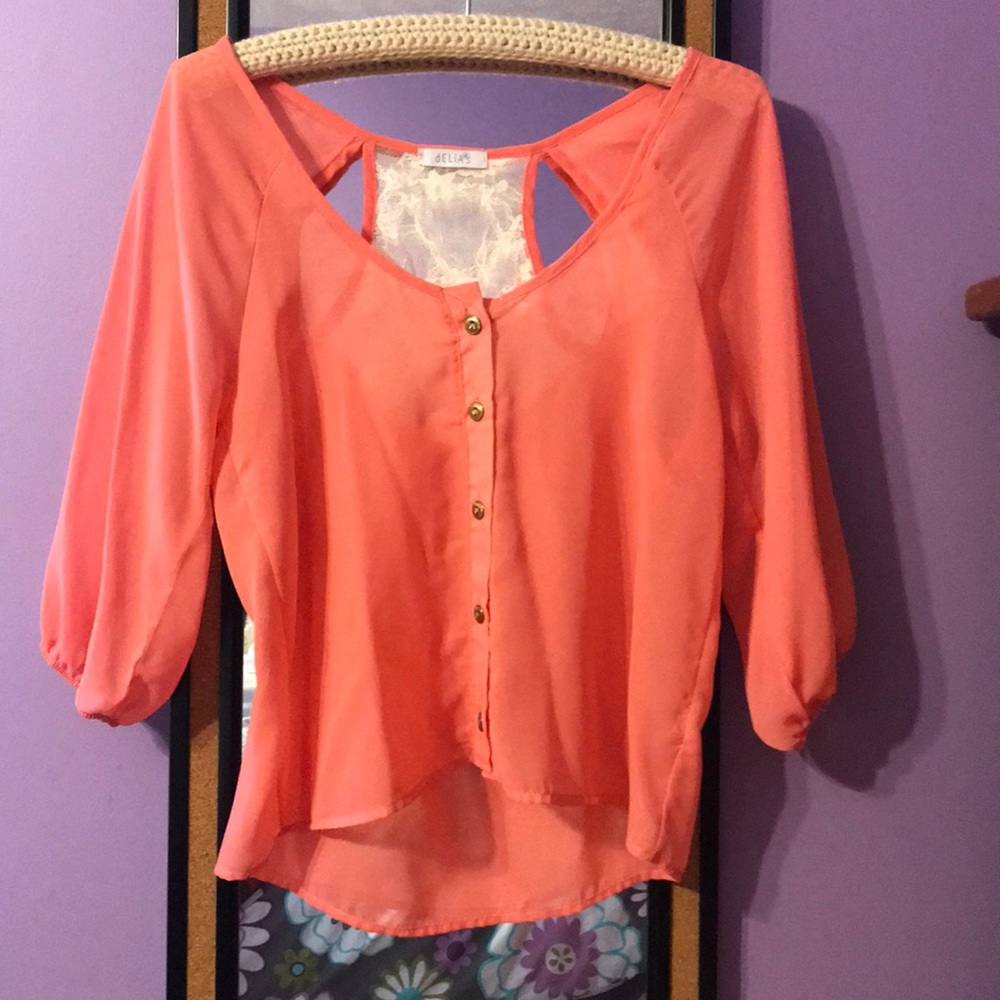 Pink lace back, see-through blouse